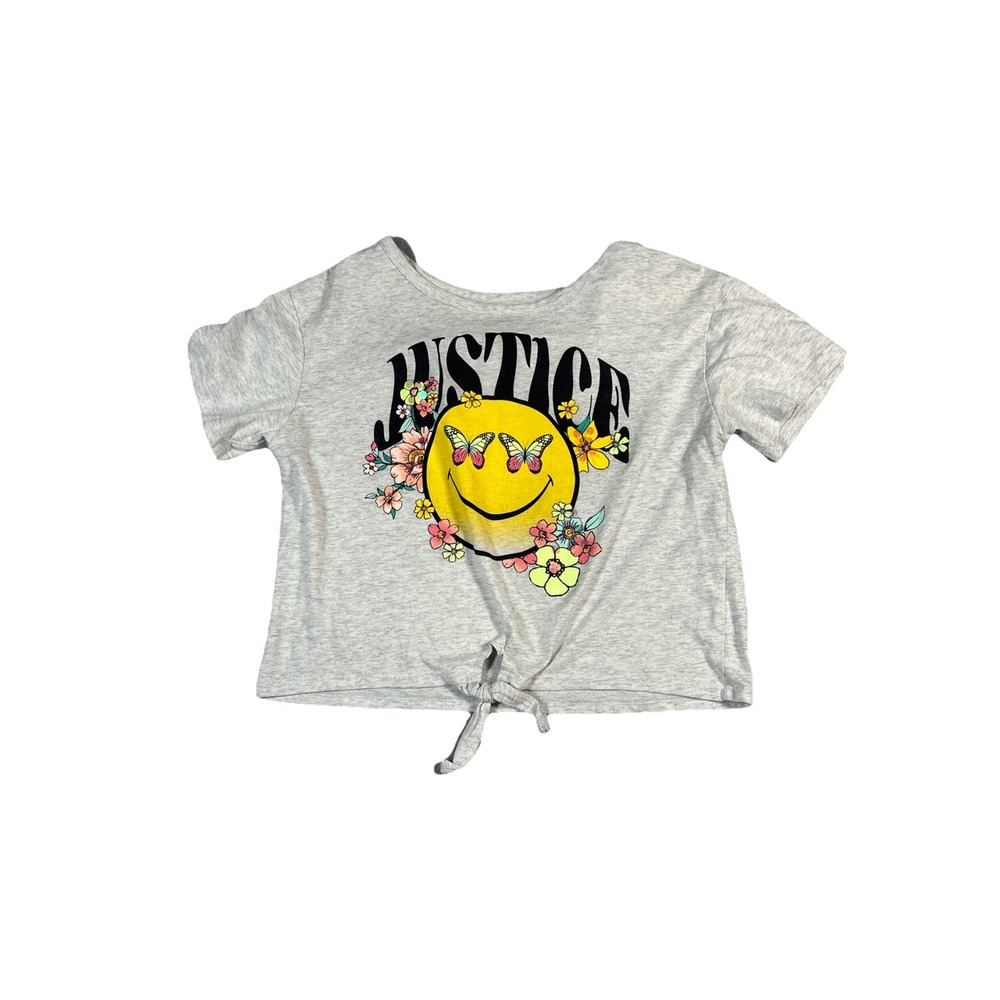 Justice Girls Size 10 Grey Smiley Face Butterfly Graphic Tie Front Crop T-Shirt